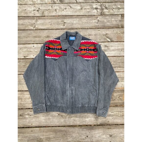 Pendleton High Grade Western Wear Cowboy Aztec Wool Denim Jacket Vintage Medium - Picture 2 of 8